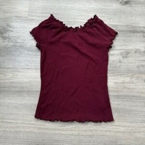 Old Navy Girls Top Burgundy Ribbed Knit Ruffle Trim‎ Short Sleeve Size M (8)